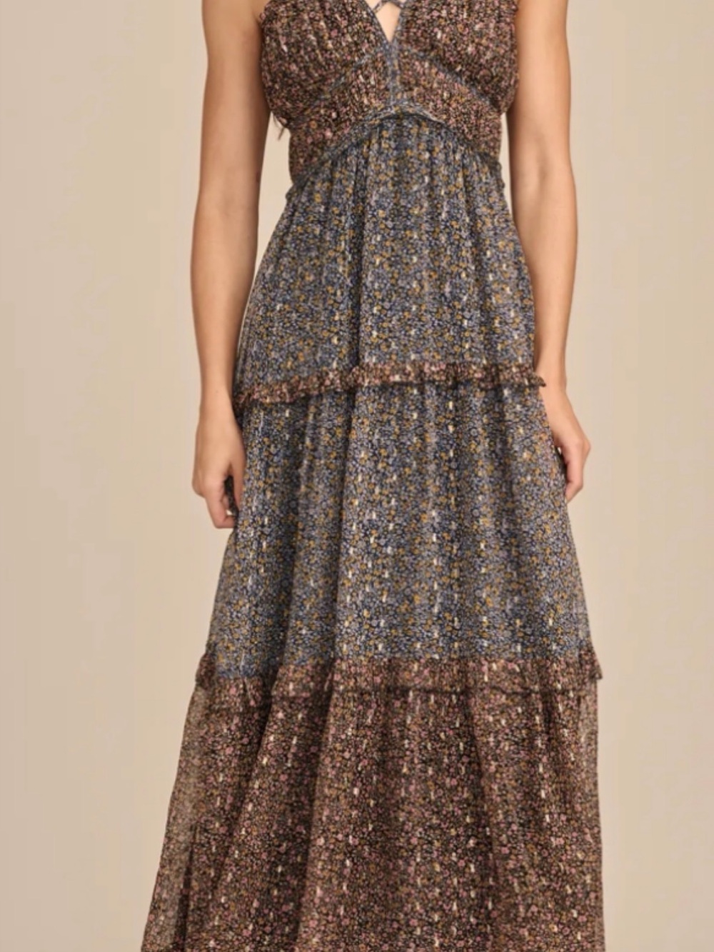 Lucky Brand Tiered Chiffon Mix Print Strappy Blue & Brown Floral Maxi Dress